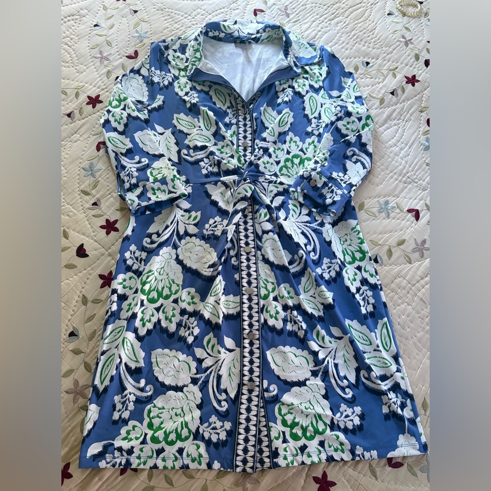 Talbots Blue Floral Midi Dress with White and Green Print